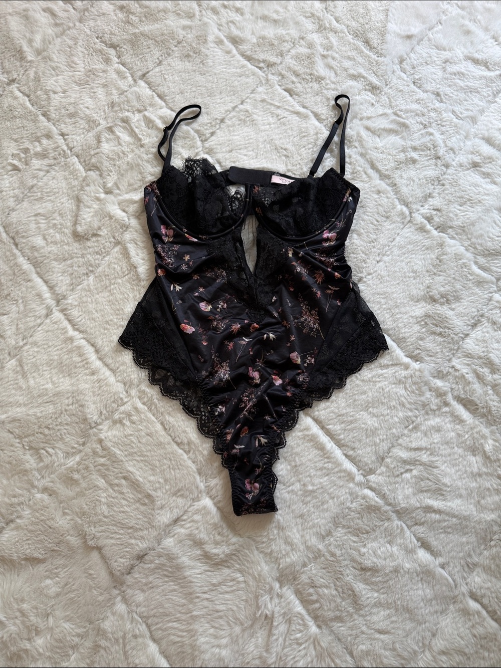 VS Black Floral Lace Satin Bodysuit